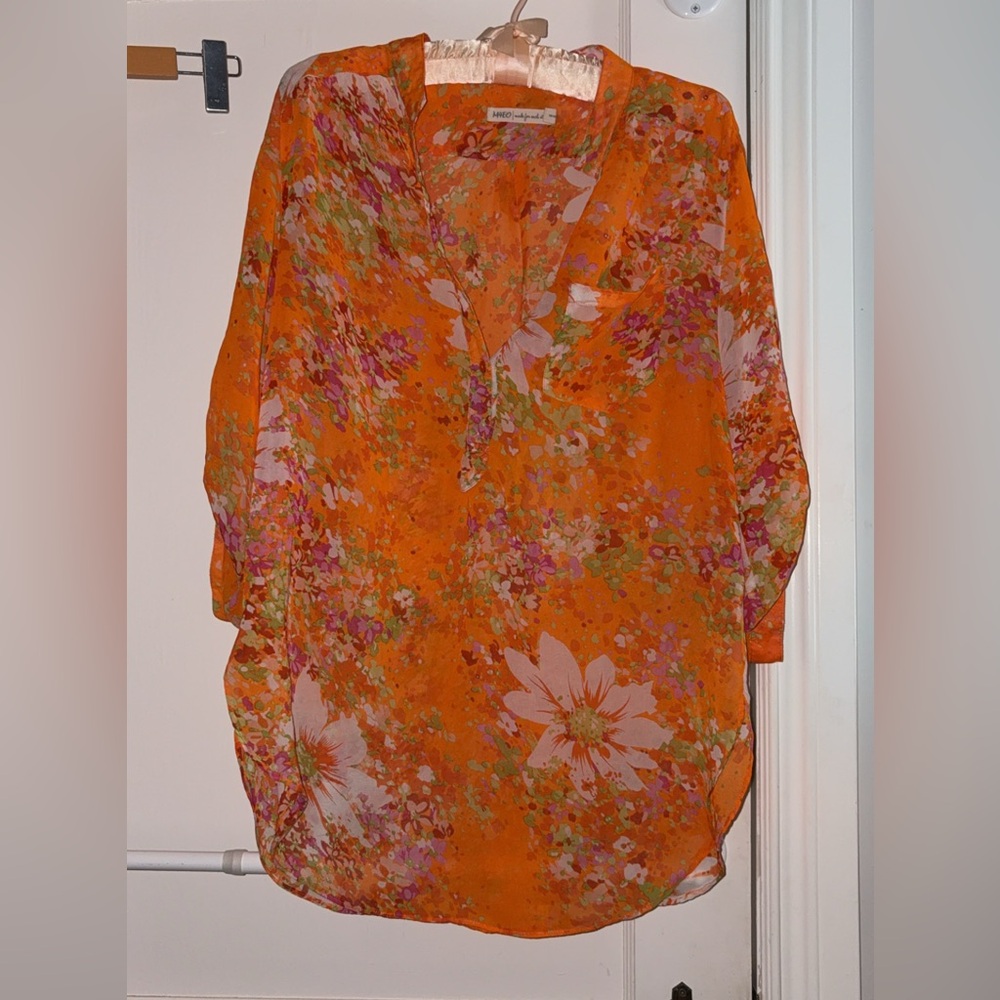 Orange and Gray Graphic 3/4 Sleeve Blouse with Mandarin Collar